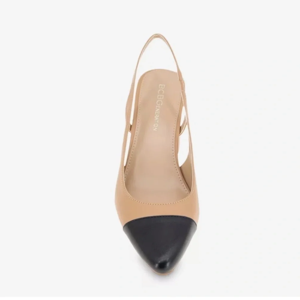 BCBGeneration Tan and Black Slingback Heels with Pointed Toe
